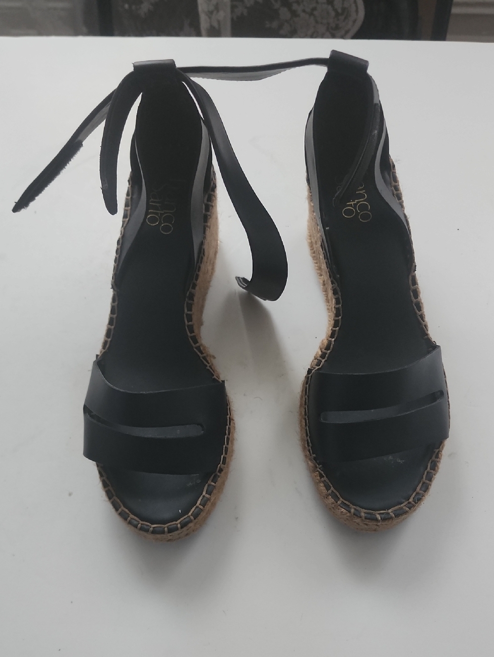 Franco Sarto Black Leather Espadrille Wedge Sandals with Ankle Tie